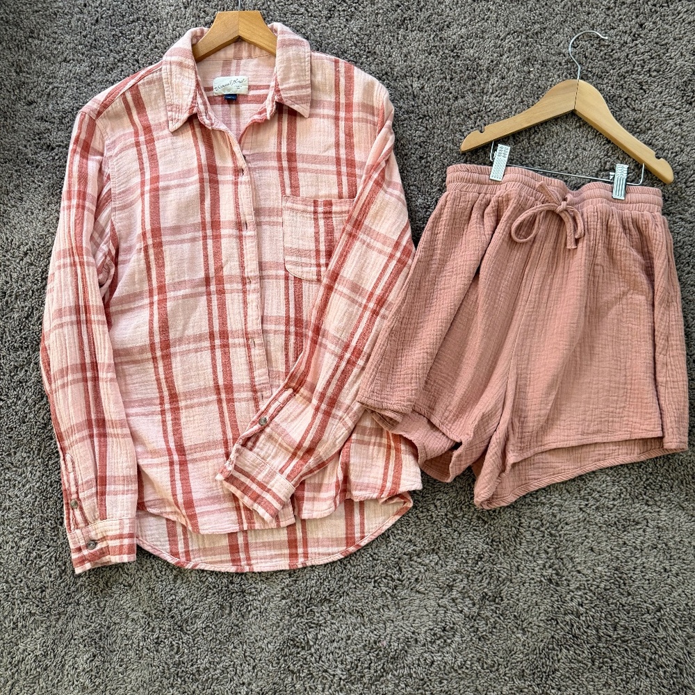 Universal Thread Coral Plaid Button-Up + Cotton Gauze Shorts Set